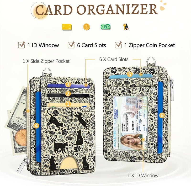Kelvoris Black Cat Credit Card Holder Slim Wallet Women, Cute Flowers Small RFID Blocking Wallet Woman Keychain with Zipper Coin Pocket, Front Pocket Thin Travel Ladies Card Case with ID Window - Image 3